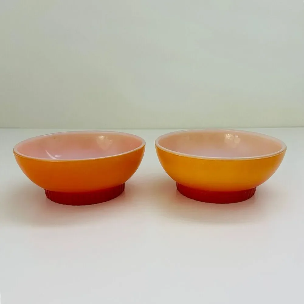 ANCHOR HOCKING Fire King Red Orange Ombré Milk Glass Footed Soup Bowls